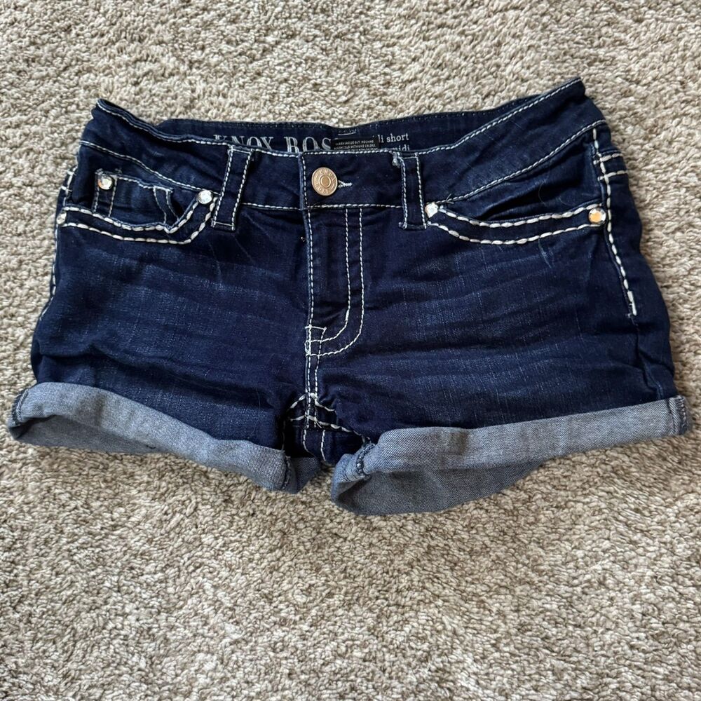 Knox Rose Shorts Womens 8 Midi Denim Jean Dark Wash Stretch Cuffed Flap Pocket